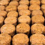 A lot of rows different wooden champagne or wine corks from cork tree. Use as pattern or background. Selective focus. Foreground focus. Close-up. Macro view.